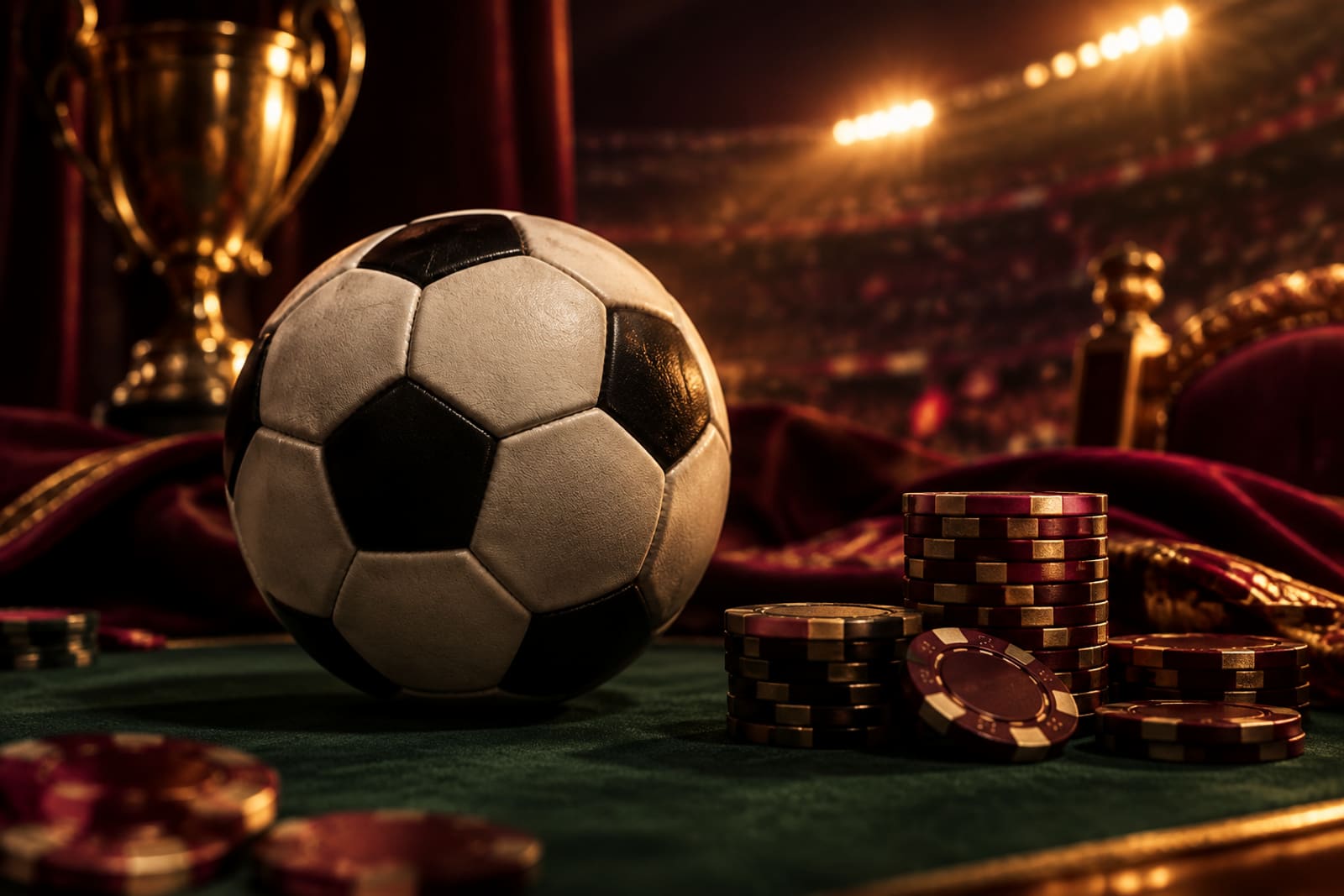 Un balón sobre un tapete verde junto a fichas