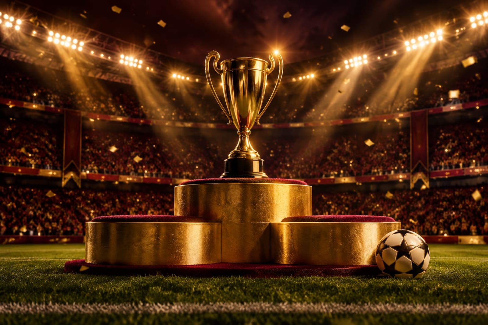 Un podio dorado con un trofeo sobre el césped