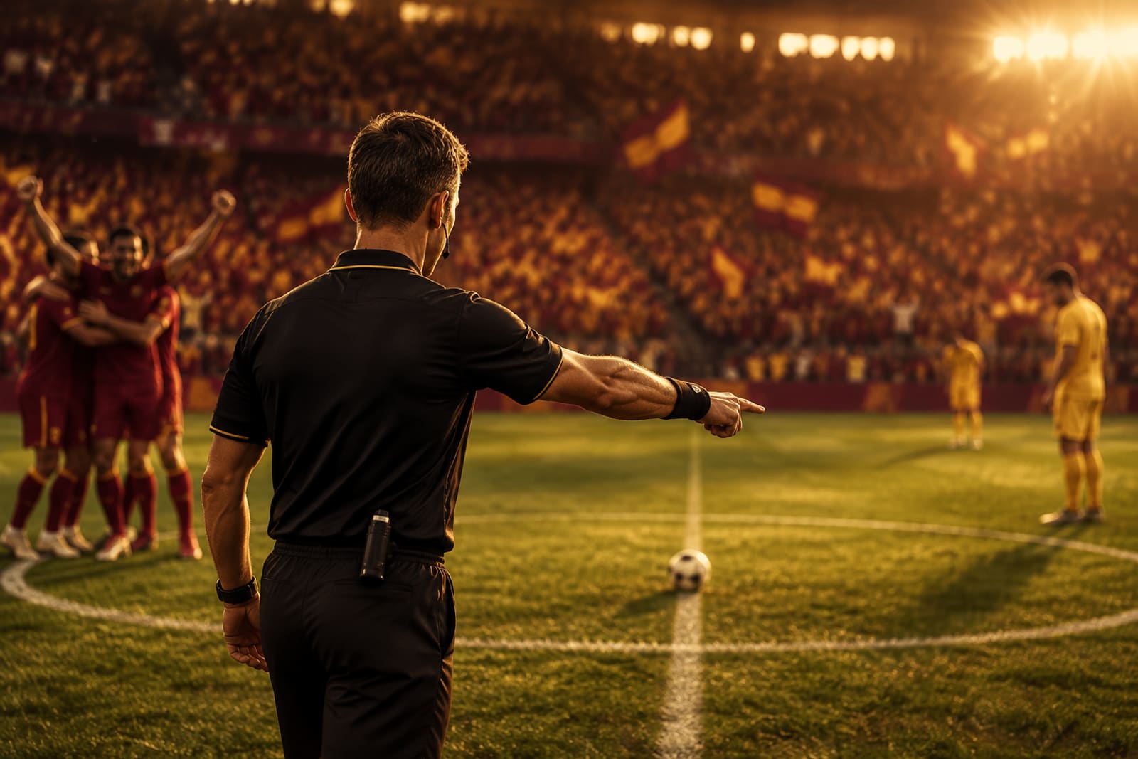 Un árbitro señala el centro del campo tras un gol