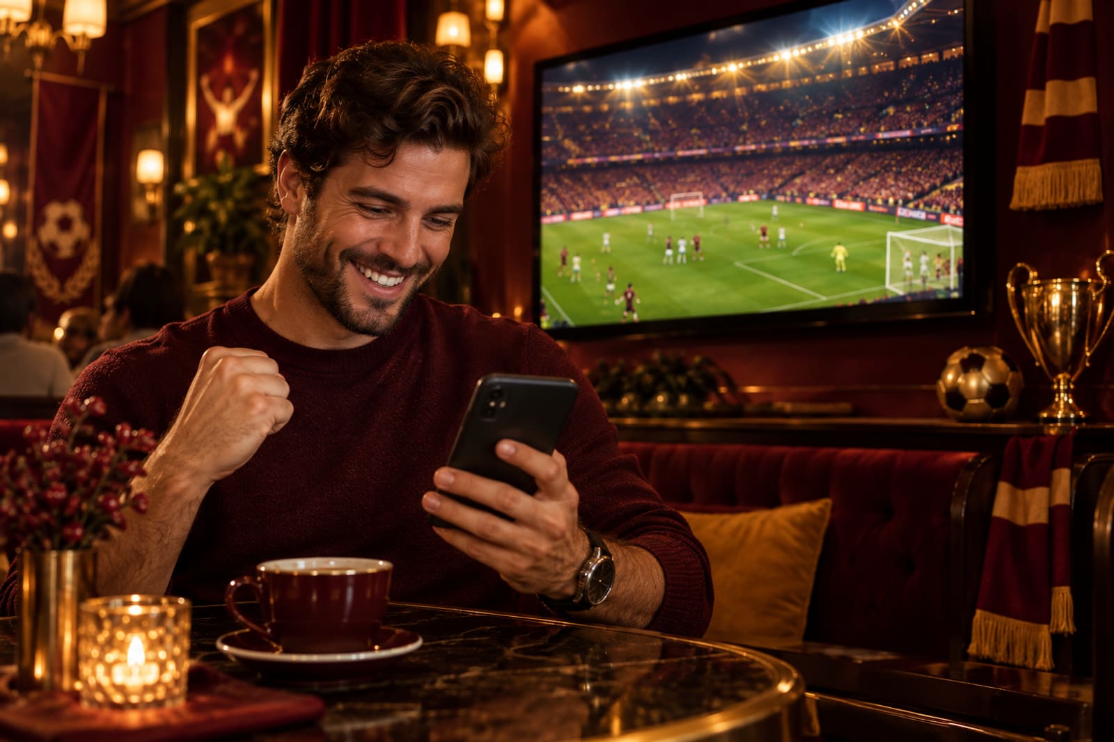 Un hombre sonríe mirando su móvil con un partido de fondo