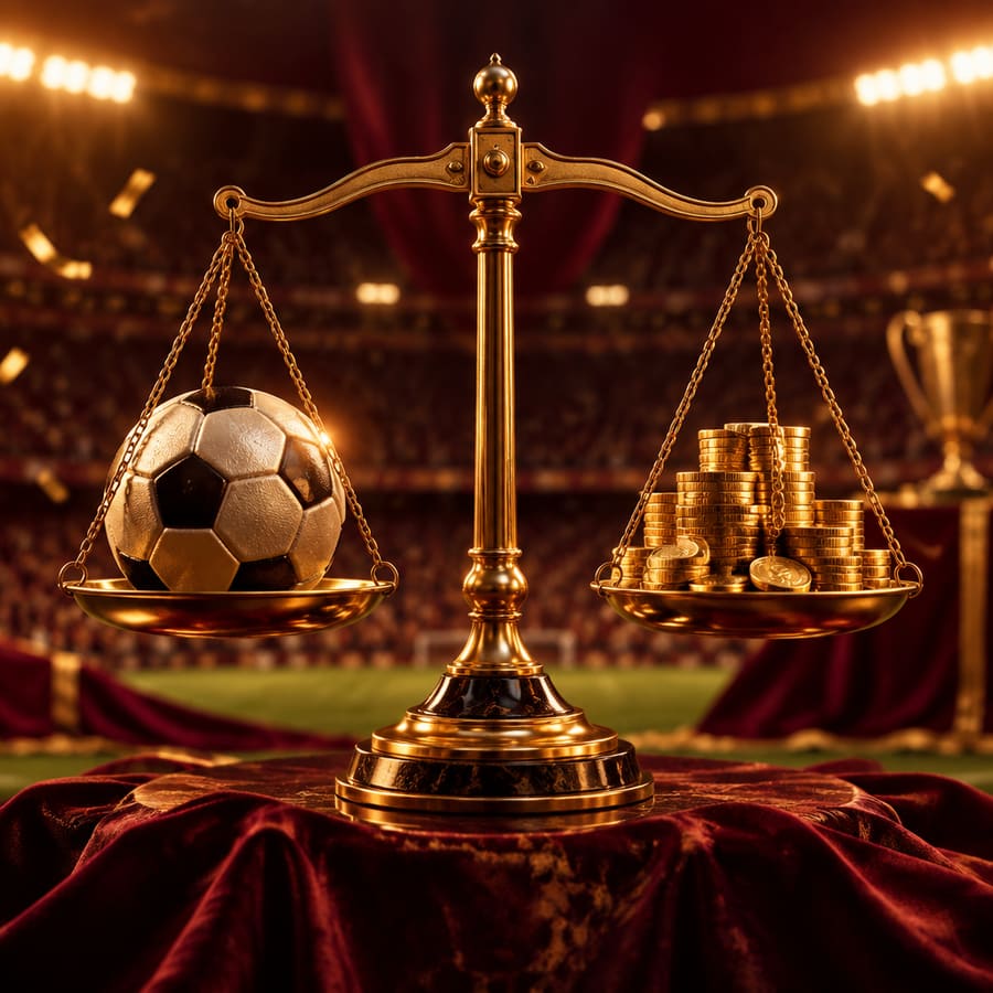 Una balanza dorada con un balón y monedas