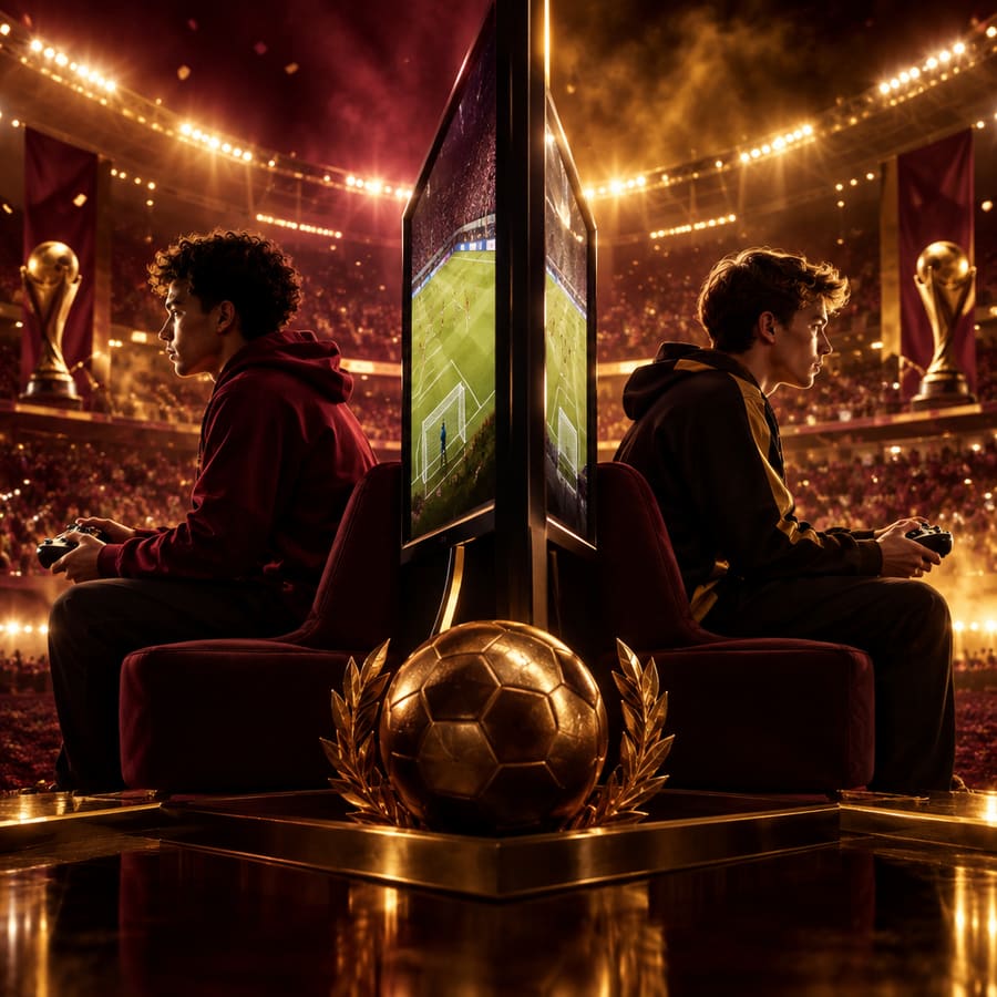 Dos jugadores de eSport sentados espalda con espalda frente a una pantalla gigante