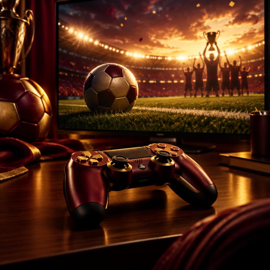 Un mando de consola sobre una mesa con una pantalla de fútbol detrás